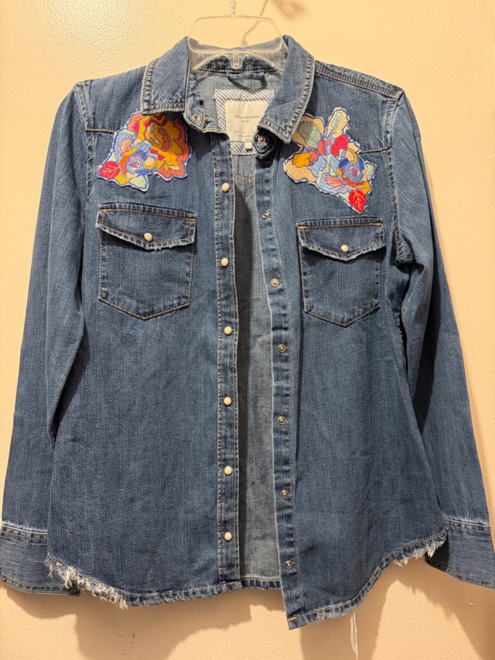 Zara Blue Denim Button Down Shirt with Colorful Floral Patches